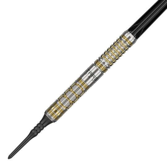 Target Japan Black Marque Reyn GEN2 Softdarts - 17,5g Das Bild zeigt den Softdart "Target Japan Black Marque Reyn GEN2" mit einem Gewicht von 17,5 g. Der Dartpfeil hat ein silbernes Design mit goldenen Akzenten und einer schwarzen Spitze.
