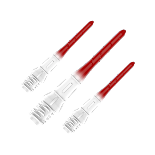 L-Style Premium Lippoint Gradiation Dartspitzen (30er Pack) Das Bild zeigt drei hochwertige Dartspitzen mit einem Farbverlauf von Weiß zu Rot. Die Spitzen sind ordentlich nebeneinander angeordnet und haben eine glänzende Oberfläche.
