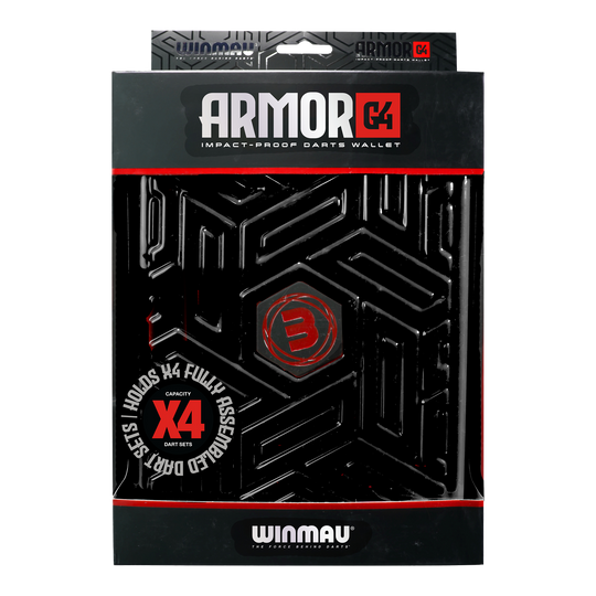 Winmau Armor G4 Dartwallet Auf dem Bild ist ein Winmau Armor G4 Dartwallet in Schwarz zu sehen. Die Verpackung zeigt, dass das Etui stoßfest ist und Platz für vier komplett montierte Dart-Sets bietet.