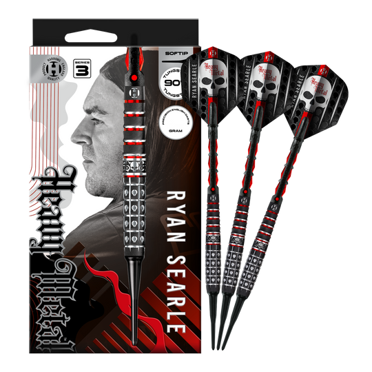 Harrows Ryan Searle Series 3 Softdarts Das Foto zeigt Harrows Ryan Searle Series 3 Softdarts in voller Ansicht. Der Artikel ist für Softdart-Spiele gedacht.