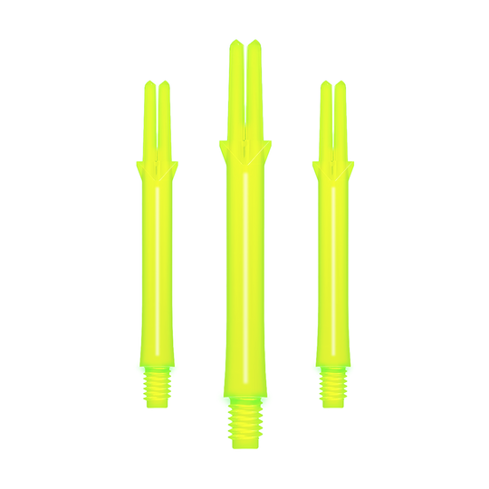 Das Bild zeigt drei gerade, neon-gelbe Dartschäfte in unterschiedlicher Länge. Sie sind aus Kunststoff und haben am unteren Ende ein Schraubgewinde.