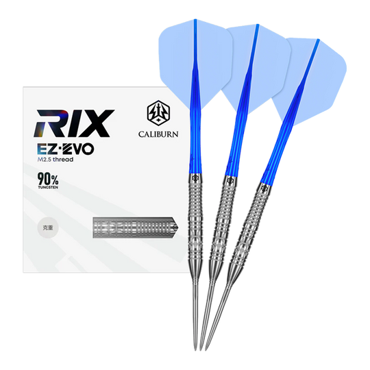 Hier wird das Produkt Caliburn Rix EZ-EVO R2 Steeldarts vollständig präsentiert. Die Darts sind komplett zu sehen.