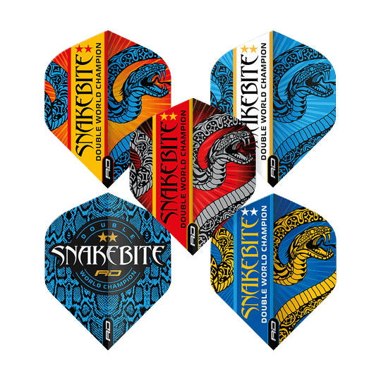 Das Bild zeigt fünf verschiedene Dart-Flights mit bunten Schlangenmotiven und dem Schriftzug "Snakebite Double World Champion". Die Flights sind in verschiedenen Farben und Designs gestaltet.