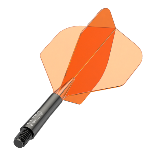 Red Dragon Nitroflite Black Shaft Orange Flights No2 Auf dem Bild ist ein schwarzer Dartschaft mit orangefarbenen Flights zu sehen. Es handelt sich um ein Zubehör für Dartpfeile.