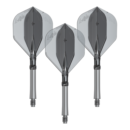 Dieses Bild zeigt ein L-Style L-System Flight Set in durchsichtigem Schwarz. Es handelt sich um Zubehör für Dartpfeile.