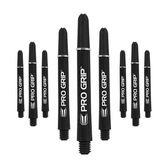 Auf dem Bild sind neun schwarze Pro Grip Dartschäfte zu sehen. Sie sind in drei Reihen angeordnet und auf jedem Schaft steht "PRO GRIP" in weißer Schrift.