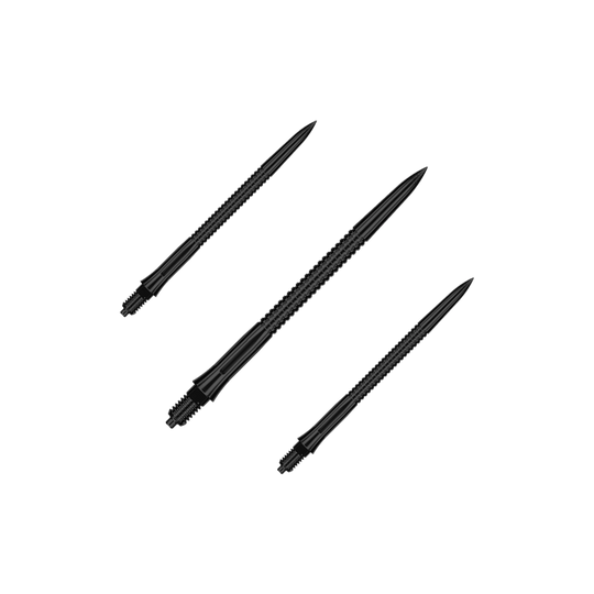 Abgebildet ist ein Set schwarzer, gerillter Dartspitzen mit 36 mm Länge. Die Datei trägt den Namen EVO203_Caliburn_EZ-EVO_Dartspitzen_Grooved_Schwarz_36mm_1Set.
