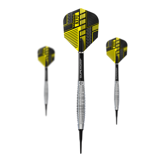 Harrows NX90 Bomb Softdarts Das Bild zeigt drei Harrows NX90 Bomb Softdarts mit schwarz-gelben Flights. Die Darts haben silberne, geriffelte Griffe und Spitzen aus Kunststoff.