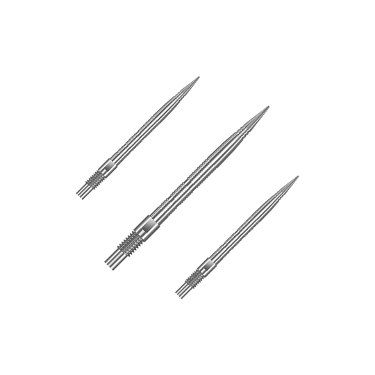 Harrows Quick Point Micro Ridge Dartspitzen - Silber Eine Verpackung mit mehreren Harrows Quick Point MicroRidge Dartspitzen in Silber mit 26 mm Länge ist abgebildet. Die Dartspitzen sind zur besseren Ansicht gruppiert.