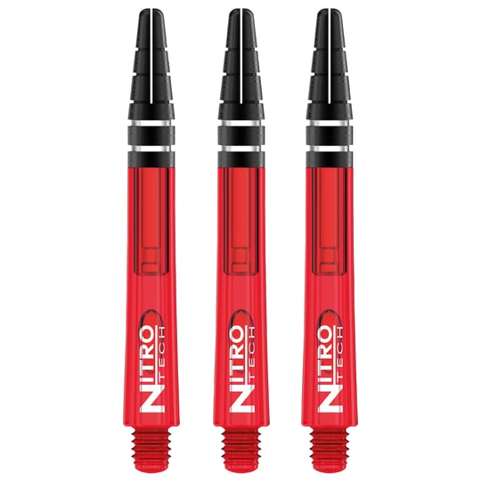 C449_Nitrotech_Medium_Red_V Das Bild zeigt drei rote RedDragon Nitrotech Shafts für Dartpfeile. Auf jedem Schaft steht in weißen Buchstaben "NITRO TECH".