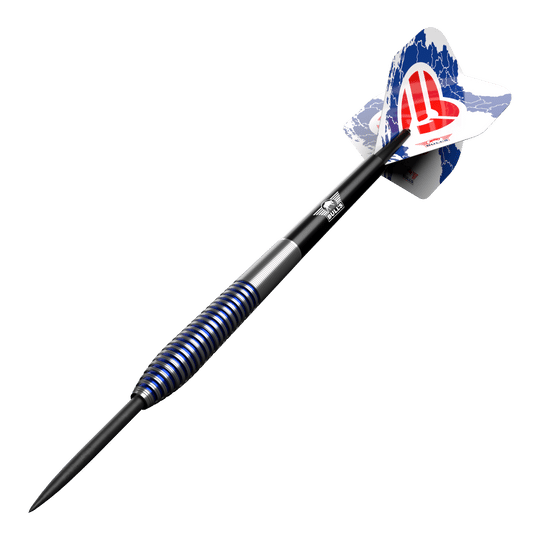 Bulls NL Romeo Grbavac Steeldarts - 23g Das Bild zeigt einen Steeldart aus der Serie "Bulls NL Romeo Grbavac" mit einem Gewicht von 23 Gramm. Der Dart hat ein modernes Design mit blauen und silbernen Ringen sowie einem bedruckten Flight.