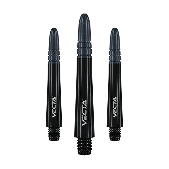 Auf dem Bild sind drei schwarze Dartschäfte mit der Aufschrift "VECTA" zu sehen. Sie sind unterschiedlich hoch angeordnet und haben ein elegantes, modernes Design.