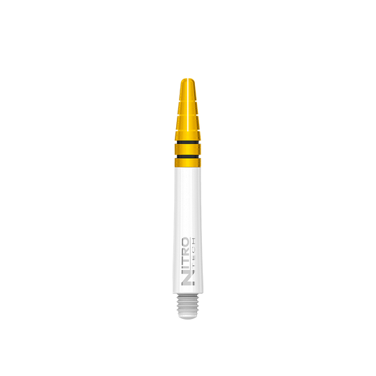 Das Bild zeigt einen Red Dragon Nitrotech Shaft in Weiß und Gold mit einer Länge von 39mm. Der Schaft hat eine goldene Spitze und einen weißen Schaft mit der Aufschrift "Nitro Tech".