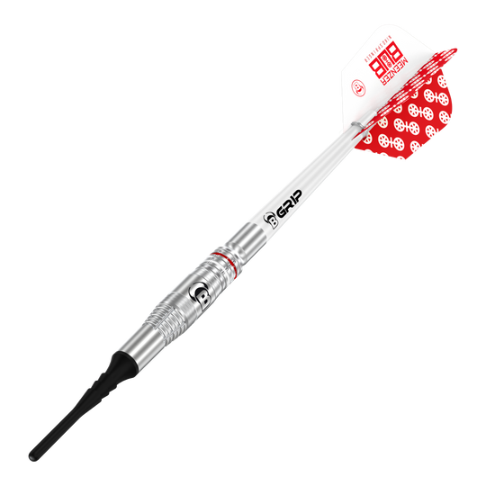 Bulls Niko Springer Softdarts - 22g Das Bild zeigt einen Bulls Niko Springer Softdart mit einem Gewicht von 22g. Der Dart hat einen silbernen Schaft, schwarze Spitze und weiße Flights mit rotem Muster.