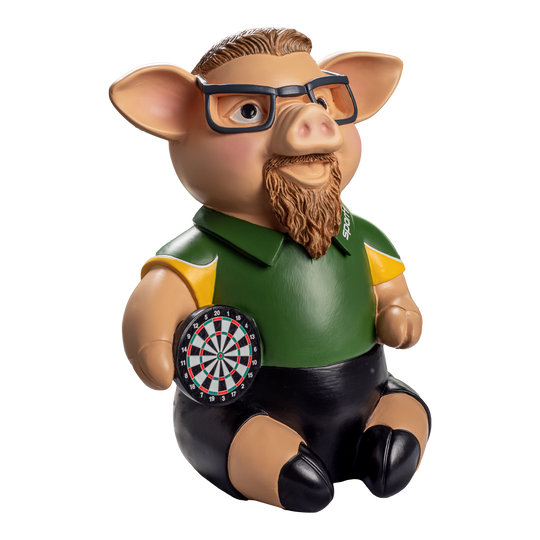 Sport1 Zaubermeister Phrasenschwein Das Bild zeigt eine Figur eines Schweins mit Brille und Bart, das ein Dartboard in der Hand hält. Das Schwein trägt ein grünes Sportshirt mit der Aufschrift "Sport1".