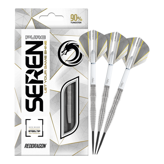 Red Dragon Seren 3 Pure Steeldarts Auf dem Bild sind die "Red Dragon Seren 3 Pure Steeldarts" zu sehen. Die Verpackung und drei silberne Steeldarts mit weißen Flights sind abgebildet.