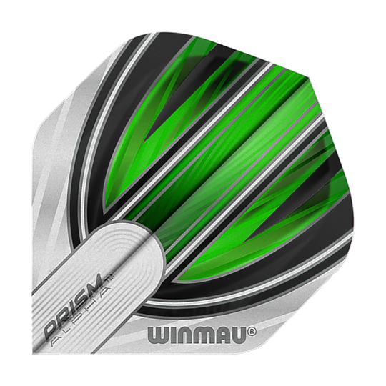 Das Bild zeigt ein Winmau Prism Alpha Green 2 Standard Dart-Flight. Das Flight-Design ist grün, schwarz und silber mit dem Winmau-Logo.