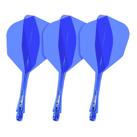 Abgebildet ist ein Set mit dem Dateinamen 8837_Winmau_Fusion_Flight_Shaft_System_No6_Blau_28mm_1Set. Das Bild zeigt wahrscheinlich ein blaues Dartzubehör-Set mit 28mm Schaft.