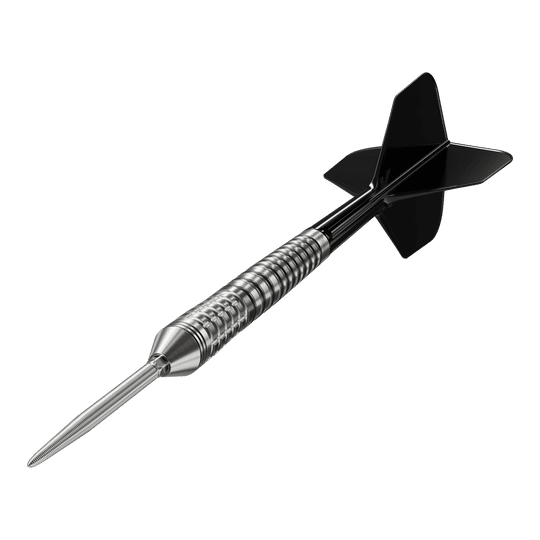 Das Bild zeigt einen Target Black Marque Renegade 4 Swiss Point Steeldart. Der Dartpfeil hat eine silberne, gerillte Spitze und schwarze Flights.