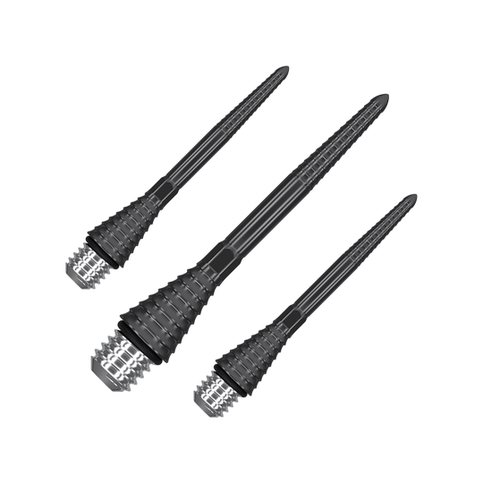 Das Bild zeigt drei schwarze, gerillte Dartspitzen mit Schraubgewinde. Sie sind lang, schmal und aus Metall gefertigt.