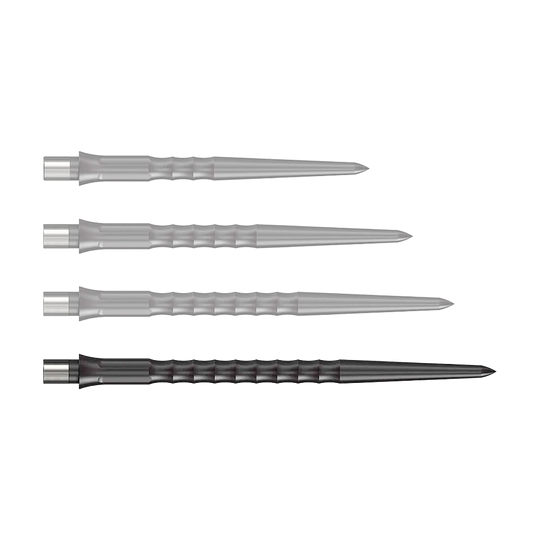 Abgebildet sind schwarze Steeldartspitzen des Caliburn Evo Systems mit 40 mm Länge. Die Steeldartspitze ist einzeln auf weißem Hintergrund zu sehen.