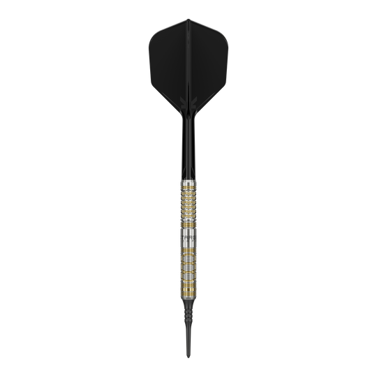 Target Japan Black Marque Reyn GEN2 Softdarts - 17,5g Auf dem Bild ist ein Softdartpfeil des Modells "Target Japan Black Marque Reyn GEN2 Softdarts - 17,5g" zu sehen. Er hat eine silberne und goldene Griffzone sowie schwarze Flights und Spitze.