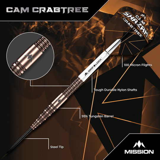Mission Cam Crabtree V2 95% Tungsten Steeldarts Das Bild zeigt die Mission Cam Crabtree V2 Steeldarts, Modell 1. Zu sehen ist ein Detailfoto eines einzelnen Steeldarts.
