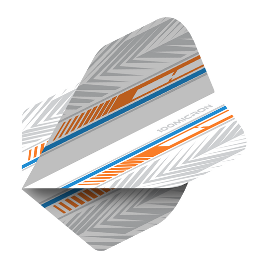 Pentathlon Flights weiß/orange/blau Das Bild zeigt ein Pentathlon Standard Dartflight in den Farben Weiß, Orange und Blau. Das Flight hat ein modernes, grafisches Muster mit der Aufschrift "100 MICRON".