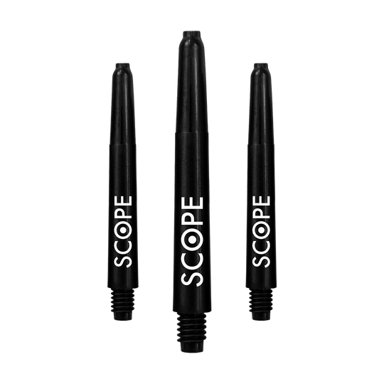 Das Bild zeigt drei schwarze McDart Scope Nylon Shafts. Auf jedem Schaft steht in weißer Schrift das Wort "SCOPE".