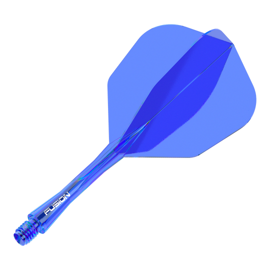 Winmau Fusion Flight Shaft System No6 Blau 28mm ist auf dem Bild zu sehen. Das Bild zeigt ein blaues Dart-Zubehörteil aus der Produktlinie Fusion.