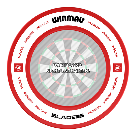 Das Bild zeigt das Produkt "Winmau Pro-Line 2.0 Dartboard Surround" in Rot. In der Mitte steht der Hinweis: "Dartboard nicht enthalten!"