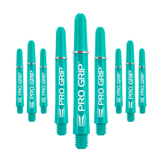 Das Bild zeigt neun aqua-farbene Dartschäfte mit der Aufschrift "PRO GRIP". Sie sind in drei Reihen angeordnet und haben ein einheitliches Design.