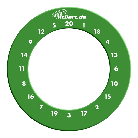 McDart HD Zahlen Surround Das Bild zeigt einen grünen Dartboard-Surround-Ring mit weißen Zahlen von 1 bis 20. Oben auf dem Ring steht die Internetadresse "McDart.de".