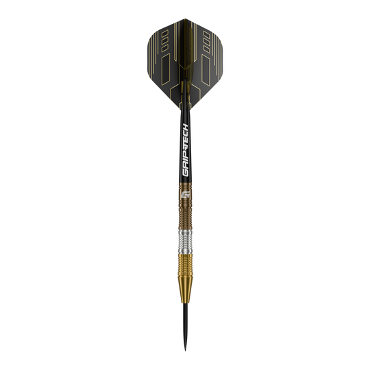 GOAT Ceremony Tungsten Steeldarts Das Bild zeigt einen GOAT Ceremony Tungsten Steeldart mit einem eleganten Design in Gold, Silber und Schwarz. Auf dem Schaft steht der Schriftzug "GRIP-TECH".