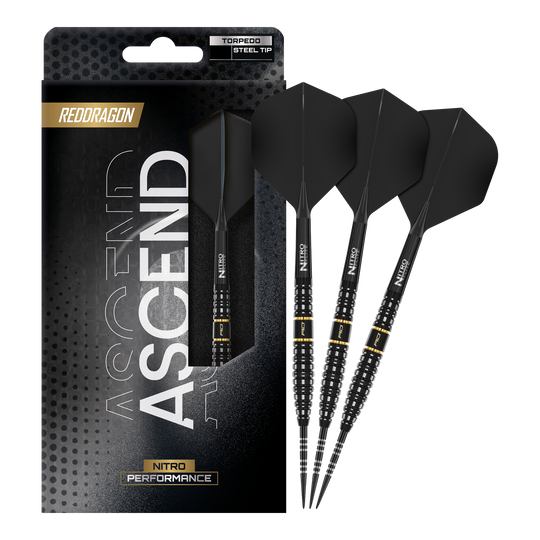 Red Dragon Ascend Torpedo Steeldarts Zu sehen ist das komplette Set der Red Dragon Ascend Torpedo Steeldarts. Die Aufnahme zeigt alle enthaltenen Komponenten des Produkts.