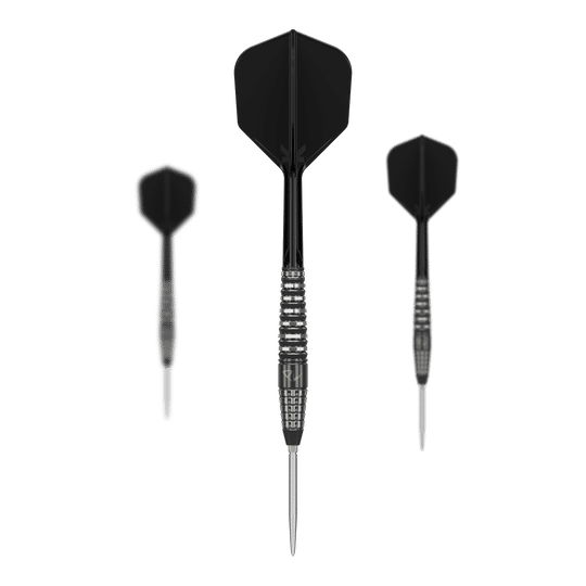 Das Bild zeigt drei schwarze Steeldarts des Produkts "Target Japan Black Marque PW Swiss Point". Die Darts haben silberne Spitzen und ein modernes, elegantes Design.