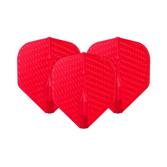 Auf dem Bild sind drei rote Dartflights mit einer dimpled (genoppten) Oberfläche zu sehen. Sie stehen nebeneinander und sind identisch geformt.