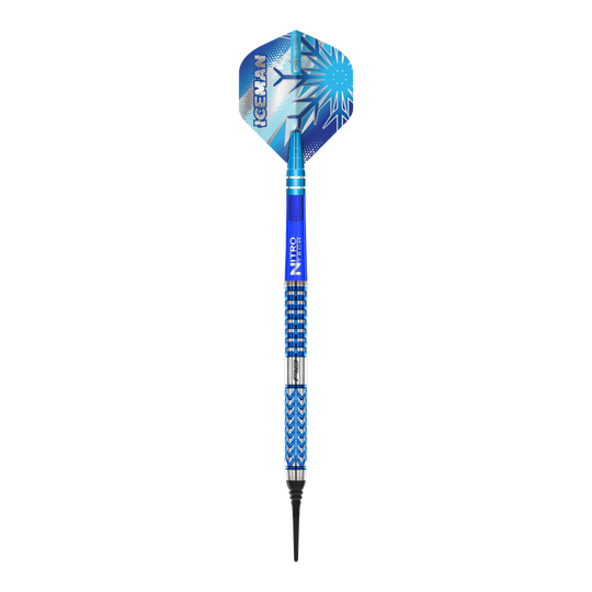 Dieses Bild zeigt den Red Dragon Gerwyn Price Glacier Softdart mit einem Gewicht von 18g. Der Dart hat ein auffälliges blaues Design mit eisigen Mustern und dem Schriftzug "ICEMAN" auf der Flights.