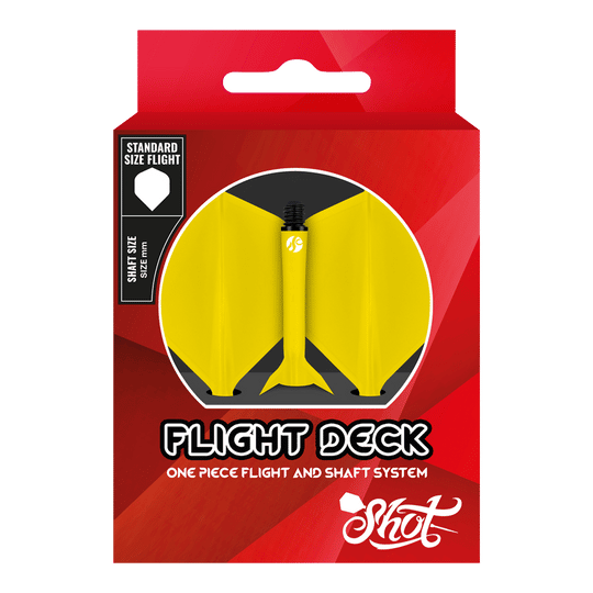 Das Bild zeigt das Produkt "Shot Flight Deck No2 Standard Flight-System - Gelb" in einer roten Verpackung. In der Mitte ist ein gelbes, einteiliges Flight- und Shafts-Set für Darts abgebildet.