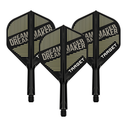 Auf dem Bild sind drei schwarze Dartflights mit integriertem Schaft zu sehen. Auf den Flights steht „DREAM MAKER“ und „TARGET“ in weißen Buchstaben.