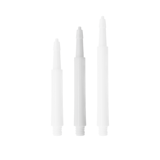 Das Bild zeigt drei weiße Harrows Clic Standard Shafts in verschiedenen Längen. Sie sind als Ersatzteile für Dartpfeile gedacht.