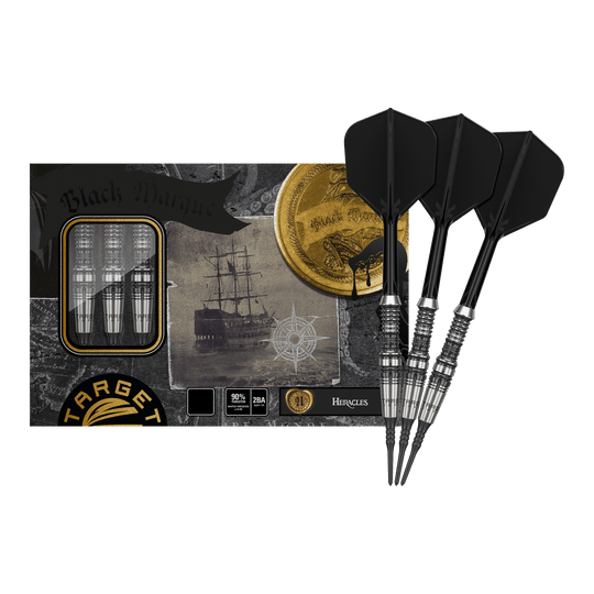 Target Japan Black Marque Heracles Softdarts - 18g Das Bild zeigt das Produkt "Target Japan Black Marque Heracles Softdarts - 18g" mit drei schwarzen Softdarts. Die Verpackung ist mit maritimen Motiven und goldenen Details gestaltet.