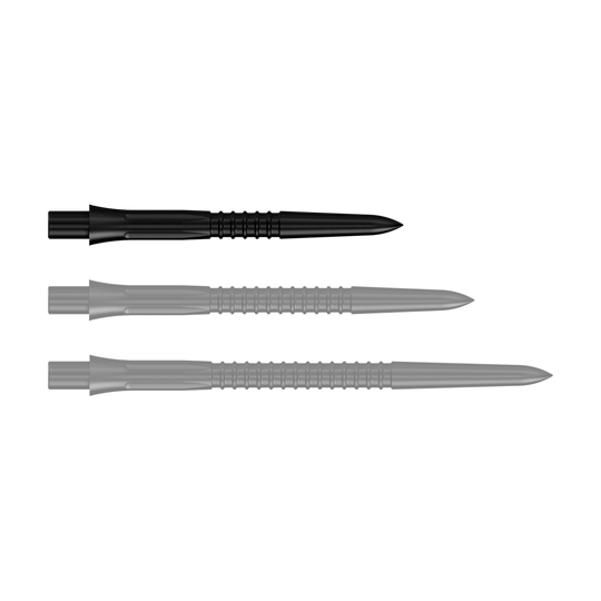Mission Caliburn EVO Dartspitzen GV1 - Schwarz Schwarze Steeldartspitzen, 26 mm Länge, aus der Misson Caliburn EVO GV1 Serie. Die Aufnahme zeigt eine Detailansicht der Dartspitzen.