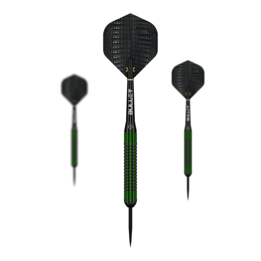 Bullet Gator Brass Steeldarts - 22g Auf dem Bild ist ein Set der Bullet Gator Brass Steeldarts - 22g zu sehen. Das Set enthält mehrere Darts mit je 22 Gramm Gewicht.