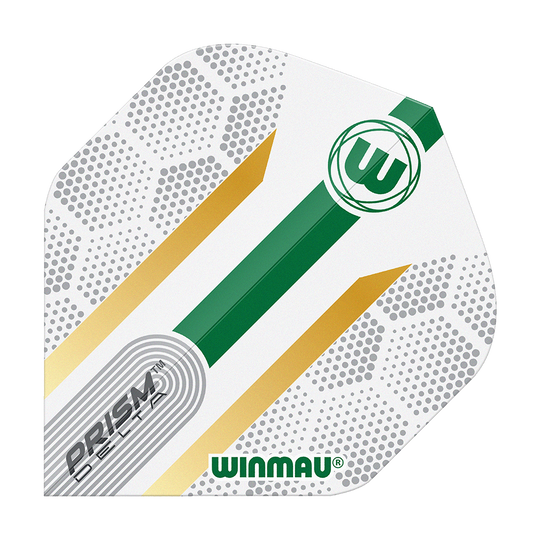 Winmau Prism Delta Xenon No2 Standard Flights Das Bild zeigt ein Winmau Prism Delta Xenon No2 Standard Flight. Das Flight ist weiß mit grünen und goldenen Streifen sowie grauen Punktmustern und dem Winmau-Logo.