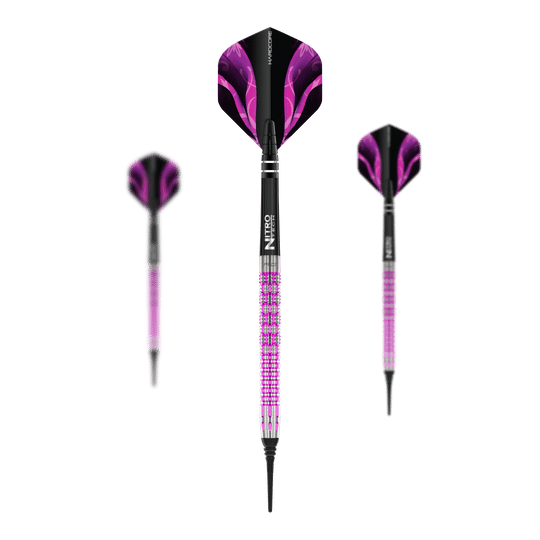 Red Dragon Tyrian Softdarts - 22g Das Bild zeigt drei Red Dragon Tyrian Softdarts mit einem Gewicht von 22g. Die Darts sind hauptsächlich lila und schwarz gestaltet und haben auffällige Muster auf den Flights.