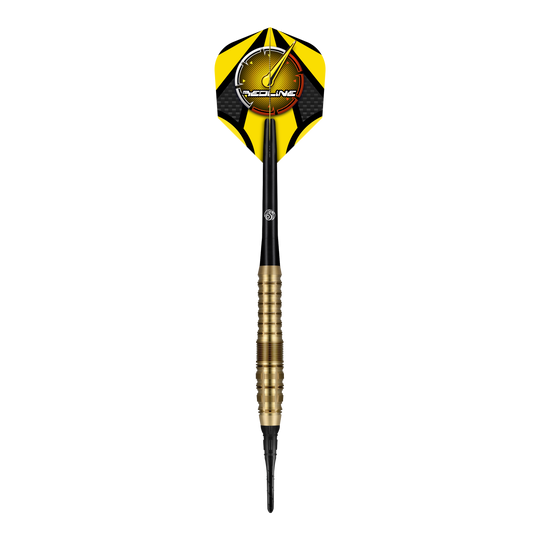 Shot Redline Gizmo Softdarts - 20g Der "Shot Redline Gizmo Softdart - 20g" ist ein Softdartpfeil mit gelben und schwarzen Flights. Der Dart hat einen goldfarbenen Griff und eine schwarze Spitze.