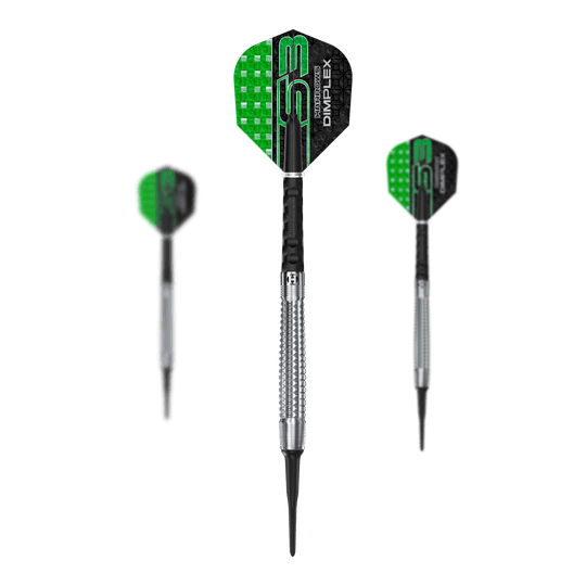 Harrows Dimplex S3 Tapered Softdarts Das Set Harrows Dimplex S3 Tapered Softdarts wird gezeigt. Die Darts haben ein spezielles Griffdesign.