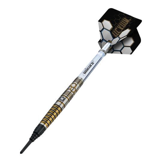 Unicorn Hexium Style 03 Gold & Black Softdarts - 23g Auf diesem Bild sind Unicorn Hexium Style 03 Gold & Black Softdarts, 23g, dargestellt. Die Pfeile kombinieren goldene und schwarze Elemente im Design.