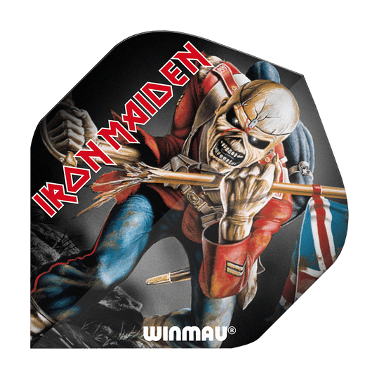 Das Bild zeigt ein Dartflight mit dem Motiv von Iron Maiden und dem berühmten Maskottchen Eddie. Auf dem Dartflight steht außerdem der Schriftzug "Winmau" und "Iron Maiden".